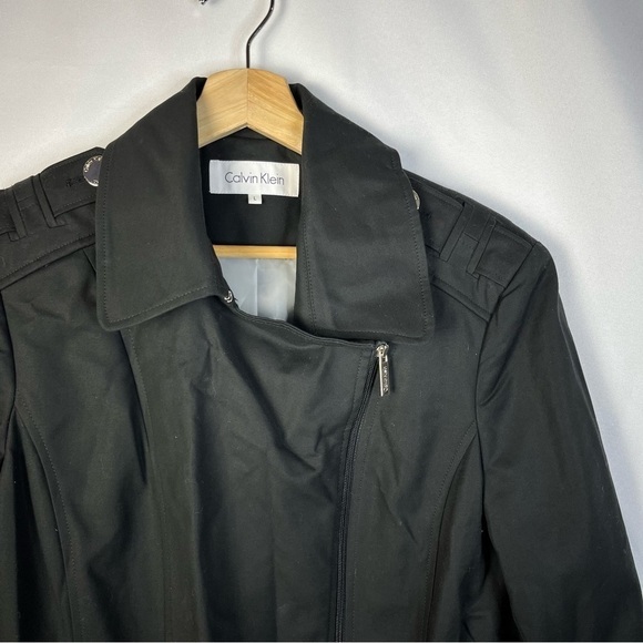 Calvin Klein Black Asymmetrical Zip Belted Trench Coat L - Picture 3 of 4
